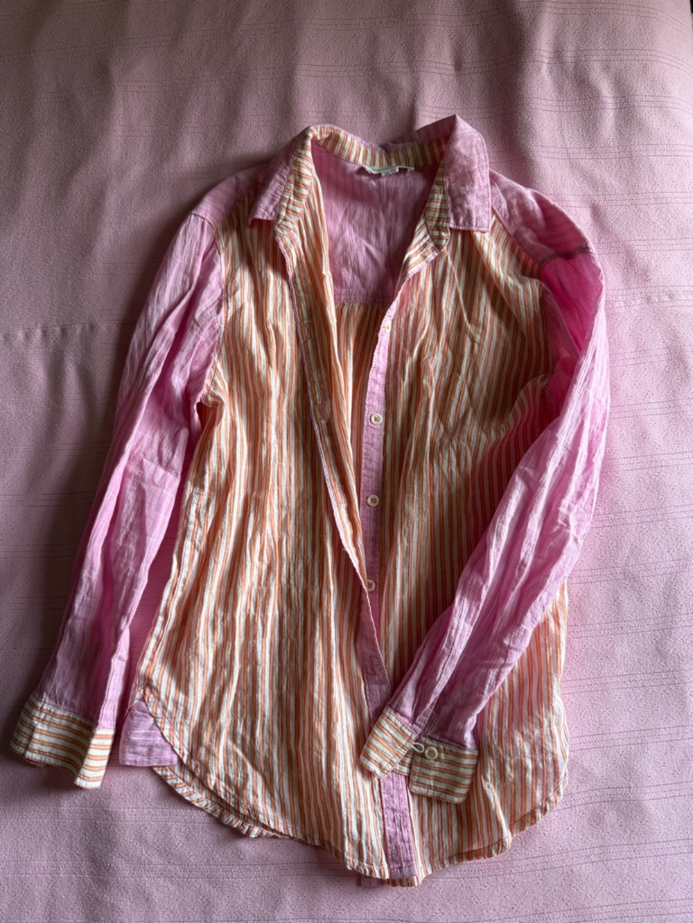 beachlunchlounge Pink and Peach Striped Button Blouse